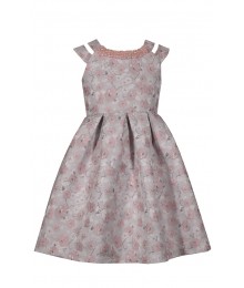Bonnie Jean Pink Floral Double Strap Beaded Neck Brocade Pleated Dress 